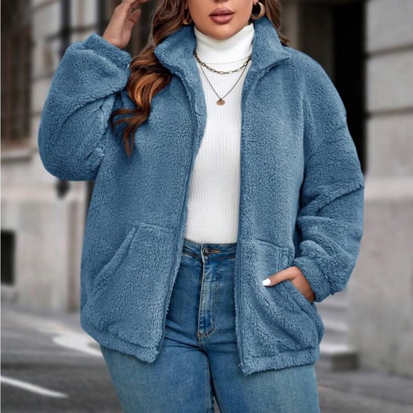 Plus size cost zip up teddy jacket - Picture 4 of 16